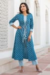 Buy_Kohsh_Blue Cotton Hand Block Floral Jacket Open Print Top Set  _at_Aza_Fashions