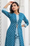 Shop_Kohsh_Blue Cotton Hand Block Floral Jacket Open Print Top Set  _Online_at_Aza_Fashions