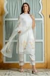 Shop_Kohsh_White Organza Handpainted Floral Band Collar Foliage Kurta Pant Set _Online_at_Aza_Fashions