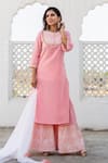 Buy_Kohsh_Pink Cotton Lace Round Pastel Straight Kurta Sharara Set  _at_Aza_Fashions