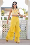 Shop_Kohsh_Yellow Georgette Abstract Round Pattern Crop Top With Tiered Sharara _Online_at_Aza_Fashions