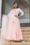 Buy_Kohsh_Peach Chanderi Hand Paint Floral Round Neck Anarkali Set  _at_Aza_Fashions