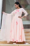 Kohsh_Peach Chanderi Hand Paint Floral Round Neck Anarkali Set  _Online_at_Aza_Fashions