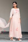 Buy_Kohsh_Peach Chanderi Hand Paint Floral Round Neck Anarkali Set  _Online_at_Aza_Fashions