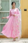 Buy_Kohsh_Pink Crepe Silk Dupatta Hand Painted Floral Round Neck Anarkali Set With _at_Aza_Fashions