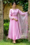 Buy_Kohsh_Pink Crepe Silk Dupatta Hand Painted Floral Round Neck Anarkali Set With _Online_at_Aza_Fashions