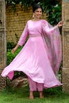 Shop_Kohsh_Pink Crepe Silk Dupatta Hand Painted Floral Round Neck Anarkali Set With _Online_at_Aza_Fashions