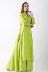 Buy_OMI_Green Chanderi Embroidery Mandarin Collar Sequin Work Yoke Layered Kurta _Online_at_Aza_Fashions