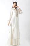 Buy_OMI_White Chanderi Sequins Mandarin Collar Embroidered Yoke Layered Kurta _at_Aza_Fashions
