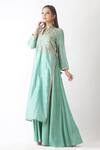 OMI_Blue Chanderi Embroidery, Sequins, Zari Mandarin Collar Hand Yoke Layered Kurta _Online_at_Aza_Fashions