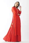Buy_OMI_Red Chanderi Lace Mandarin Collar Solid Layered Kurta _Online_at_Aza_Fashions
