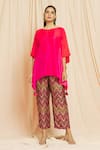 Meghna Panchmatia_Fuchsia Pure Silk Printed Chevron Round Ombre Kaftan With Pant _Online_at_Aza_Fashions