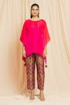 Meghna Panchmatia_Fuchsia Pure Silk Printed Chevron Round Ombre Kaftan With Pant _at_Aza_Fashions