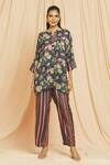 Meghna Panchmatia_Blue Cotton, Silk Mandarin Collar Floral Print Top With Pant _Online_at_Aza_Fashions