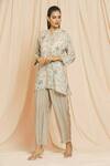 Buy_Meghna Panchmatia_Beige Cotton, Silk Mandarin Collar Floral Print Top With Pant _at_Aza_Fashions