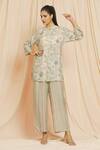 Meghna Panchmatia_Beige Cotton, Silk Mandarin Collar Floral Print Top With Pant _Online_at_Aza_Fashions