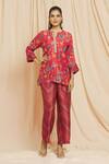 Buy_Meghna Panchmatia_Red Silk Embroidery Mandarin Collar Printed Top And Pant Set _at_Aza_Fashions