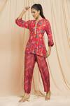 Meghna Panchmatia_Red Silk Embroidery Mandarin Collar Printed Top And Pant Set _Online_at_Aza_Fashions