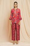 Meghna Panchmatia_Red Silk Embroidery Mandarin Collar Printed Top And Pant Set _at_Aza_Fashions