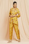 Meghna Panchmatia_Yellow Silk Digital Print Royal Floral Mandarin Collar Top And Pant Set _Online_at_Aza_Fashions