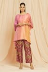 Buy_Meghna Panchmatia_Peach Dupion Silk Plain Round Ombre Kaftan Top And Printed Pant Set _at_Aza_Fashions