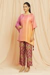 Meghna Panchmatia_Peach Dupion Silk Plain Round Ombre Kaftan Top And Printed Pant Set _Online_at_Aza_Fashions