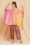 Buy_Meghna Panchmatia_Peach Dupion Silk Plain Round Ombre Kaftan Top And Printed Pant Set _Online_at_Aza_Fashions