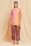 Buy_Meghna Panchmatia_Peach Dupion Silk Plain Round Ombre Kaftan Top And Printed Pant Set 