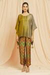 Shop_Meghna Panchmatia_Green Silk Tassels Round Neck Pure Kaftan Top And Printed Pant Set 