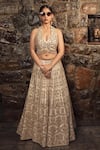 Vandana Sethi_Ivory Silk Crystals, Mirrors Halter Neck Embellished Floral Lehenga Set _at_Aza_Fashions