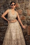 Buy_Vandana Sethi_Ivory Silk Crystals, Mirrors Halter Neck Embellished Floral Lehenga Set 