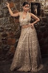 Shop_Vandana Sethi_Ivory Silk Crystals, Mirrors Halter Neck Embellished Floral Lehenga Set 