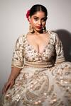 Shop_Vandana Sethi_Ivory , Organza Zari, Zardozi Paisley Embroidered Bridal Lehenga Set _at_Aza_Fashions