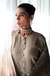 Label Varsha_Beige Kurta And Sharara Tissue Embroidered Stripe Round Sequin Set_Online_at_Aza_Fashions