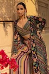 Sandhya Shah_Green Georgette Printed Floral V Neck Cape Palazzo Set _Online_at_Aza_Fashions