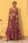 Buy_Sandhya Shah_Wine Georgette Printed Floral V Neck Cape Sharara Set _at_Aza_Fashions