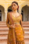 Shop_Sandhya Shah_Yellow Georgette Printed Floral V Neck And Chintz Cape Sharara Set _at_Aza_Fashions