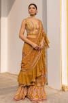 Buy_Sandhya Shah_Yellow Georgette Printed Floral V Neck And Chintz Pre-draped Ruffle Saree Set _at_Aza_Fashions