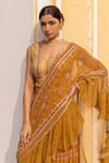 Sandhya Shah_Yellow Georgette Printed Floral V Neck And Chintz Pre-draped Ruffle Saree Set _Online_at_Aza_Fashions