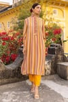 Buy_Sandhya Shah_Yellow Georgette Printed Striped Mandarin Collar Kurta And Trouser Set _at_Aza_Fashions