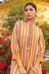 Sandhya Shah_Yellow Georgette Printed Striped Mandarin Collar Kurta And Trouser Set _Online_at_Aza_Fashions