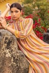 Buy_Sandhya Shah_Yellow Georgette Printed Striped Mandarin Collar Kurta And Trouser Set _Online_at_Aza_Fashions