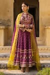 Buy_Sandhya Shah_Wine Raw Silk Printed Floral Mandarin Collar Anarkali With Dupatta _at_Aza_Fashions