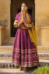 Shop_Sandhya Shah_Wine Raw Silk Printed Floral Mandarin Collar Anarkali With Dupatta _at_Aza_Fashions