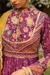 Sandhya Shah_Wine Raw Silk Printed Floral Mandarin Collar Anarkali With Dupatta _Online_at_Aza_Fashions