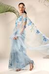 Kyra By Nina + Deepika Blue Silk Organza Blooming Iris Hand Painted Saree With Unstitched Blouse Fabric at Aza Fashions Kyra By Nina + Deepika_Blue Silk Organza Blooming Iris Hand Painted Saree With Unstitched Blouse Fabric _at_Aza_Fashions