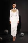 Kyra By Nina + Deepika_Ivory Modal Satin Hand Paint Feathers Collared Neck Cleopatra Top With Skirt _Online_at_Aza_Fashions