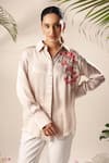 Shop_Kyra By Nina + Deepika_Beige Modal, Satin Embroidery Collared Placement Hand Painted Shirt _Online_at_Aza_Fashions