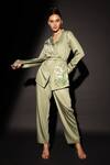 Kyra By Nina + Deepika_Green Cotton, Rayon, Satin Embroidery Hand Painted Lilies Jacket And Pant Set _Online_at_Aza_Fashions