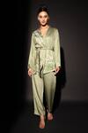 Buy_Kyra By Nina + Deepika_Green Cotton, Rayon, Satin Embroidery Hand Painted Lilies Jacket And Pant Set _at_Aza_Fashions